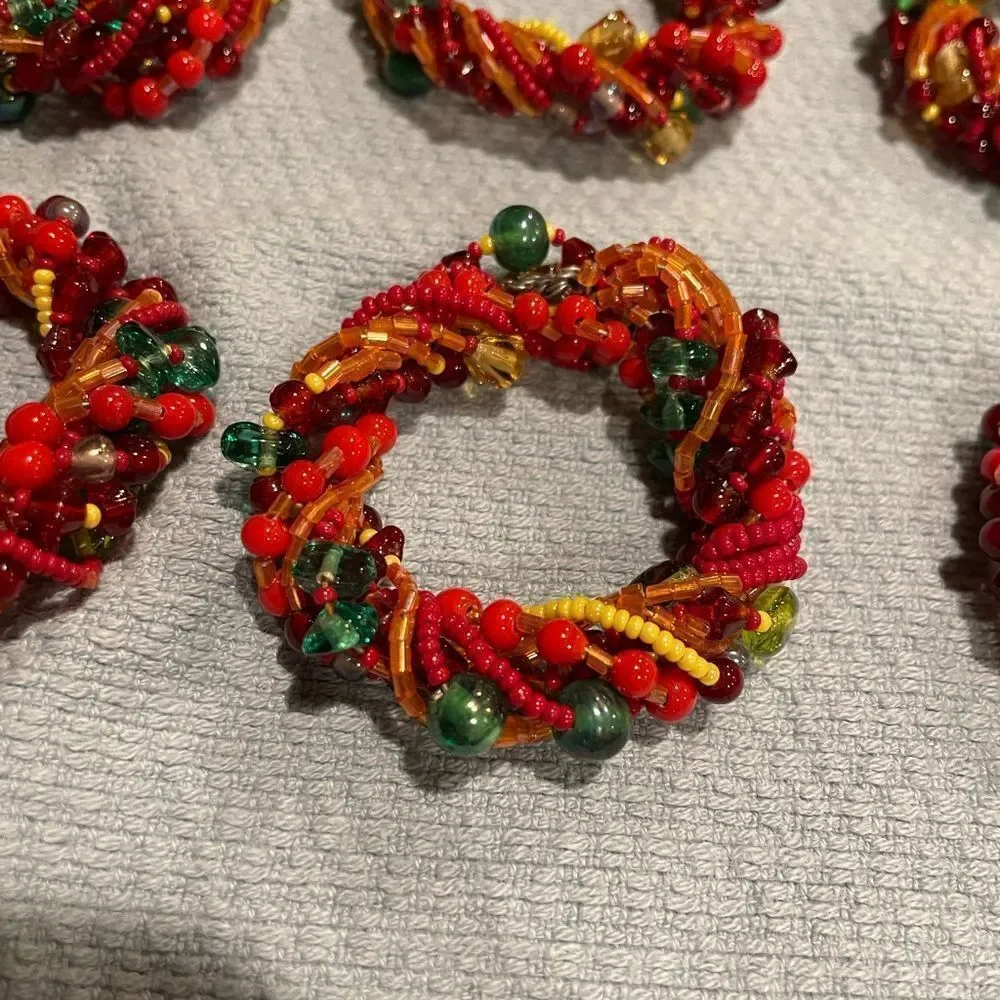 Green Glass Silver Wire Napkin Rings Red Orange Glass Beads Napkin Rings 16 TTL